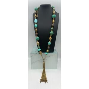 Daisy Fuentes Chunky Necklace Gold Tone Tassel Acrylic Turquoise Colored Beads